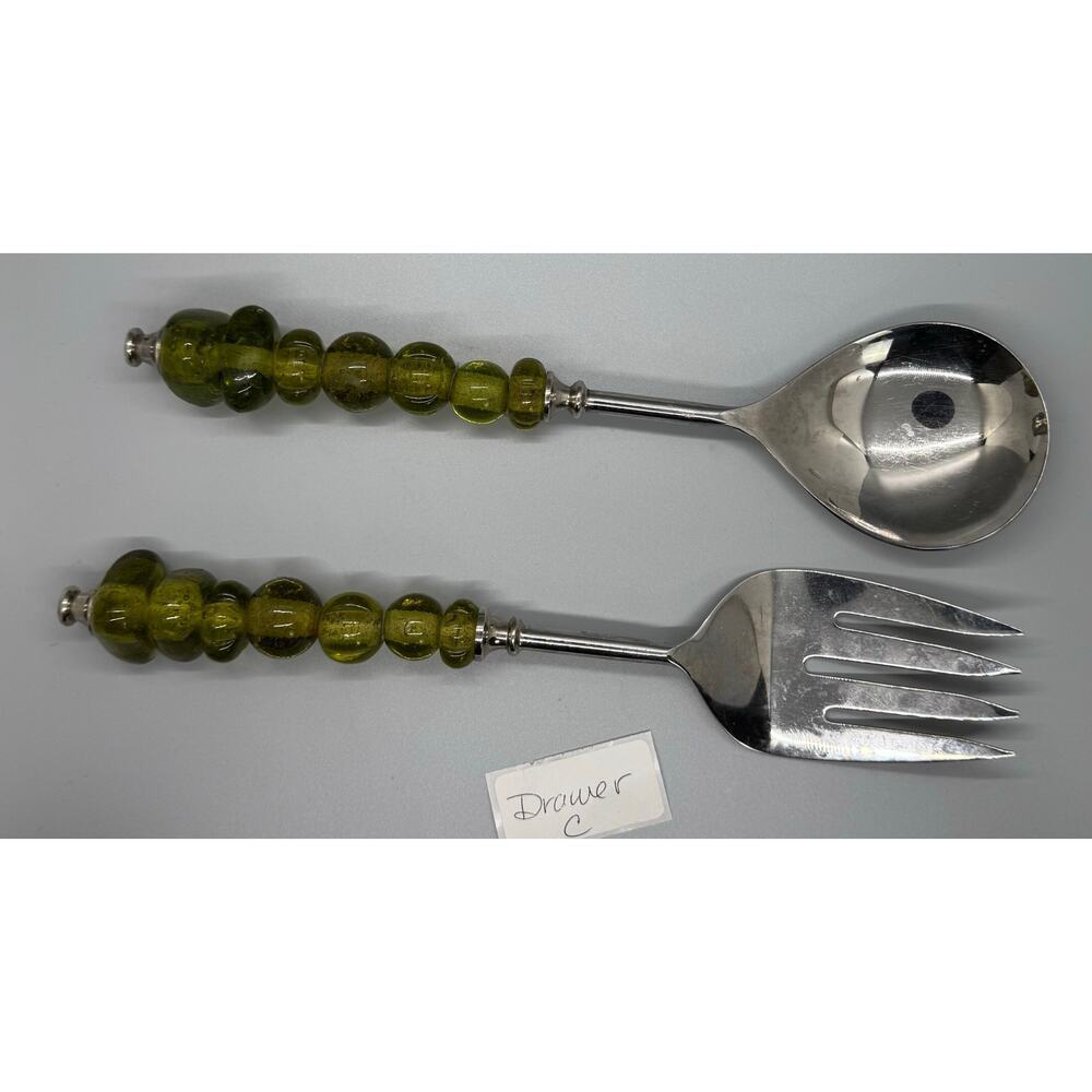 Serving Spoon And Fork Green Amber Color Glass Beaded Handle Set Of 2 Polished - Picture 2 of 7
